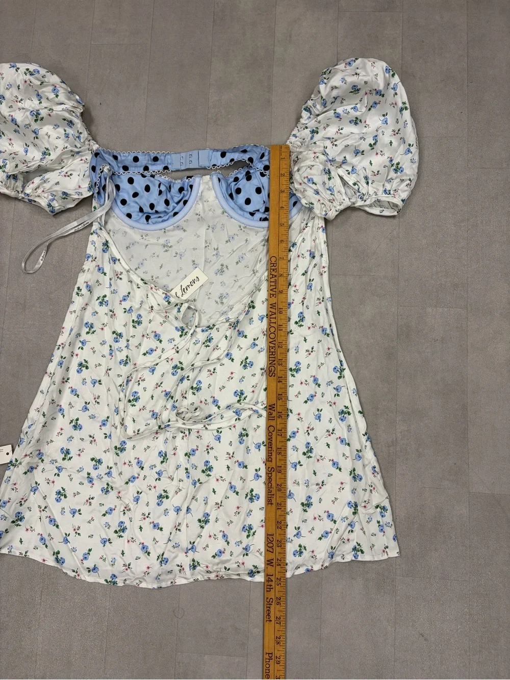 Free People For Love & Lemons Blue Floral Puff-Sleeve Dress w/ Polka Dot Bow
